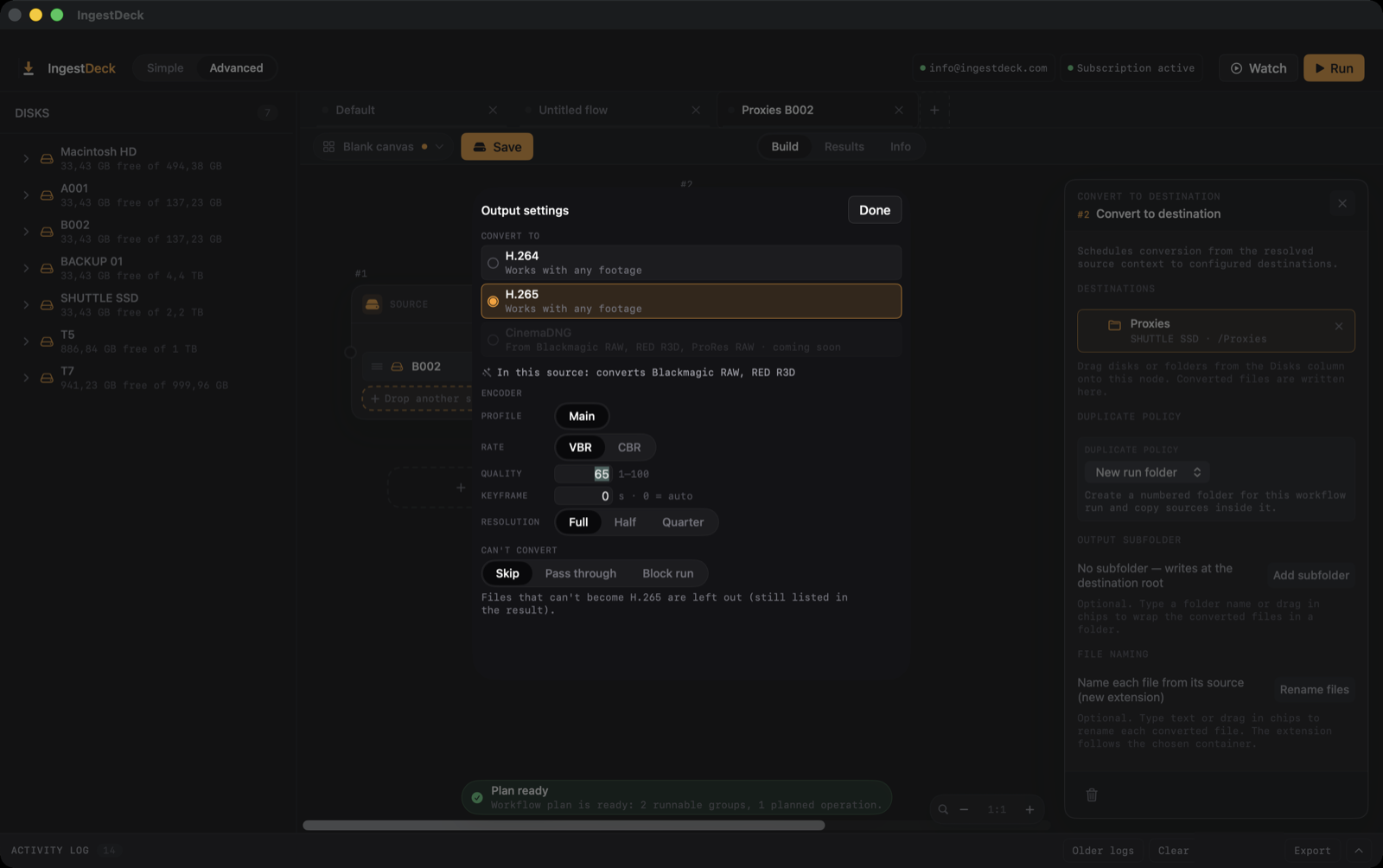 IngestDeck Convert — a per-format transcode matrix mapping BRAW, RED R3D, ProRes and H.265 sources to H.264/H.265 proxy outputs.