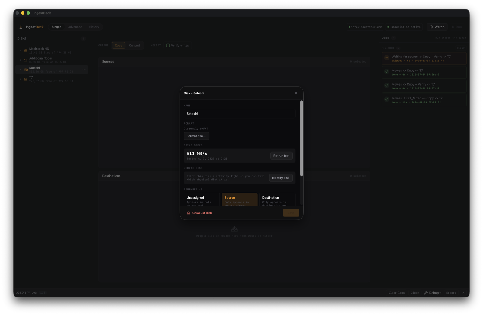 The disk detail panel — name field, current format with Format disk button, a measured drive speed of 511 MB/s, Identify disk, and the Source role selected.