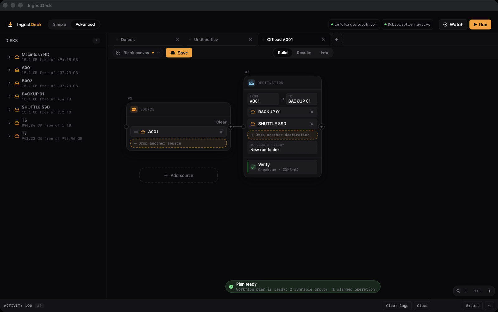 IngestDeck Advanced workflow editor — a node graph copying two camera cards to two disks with proxies, alongside the mounted-disks and activity rail.