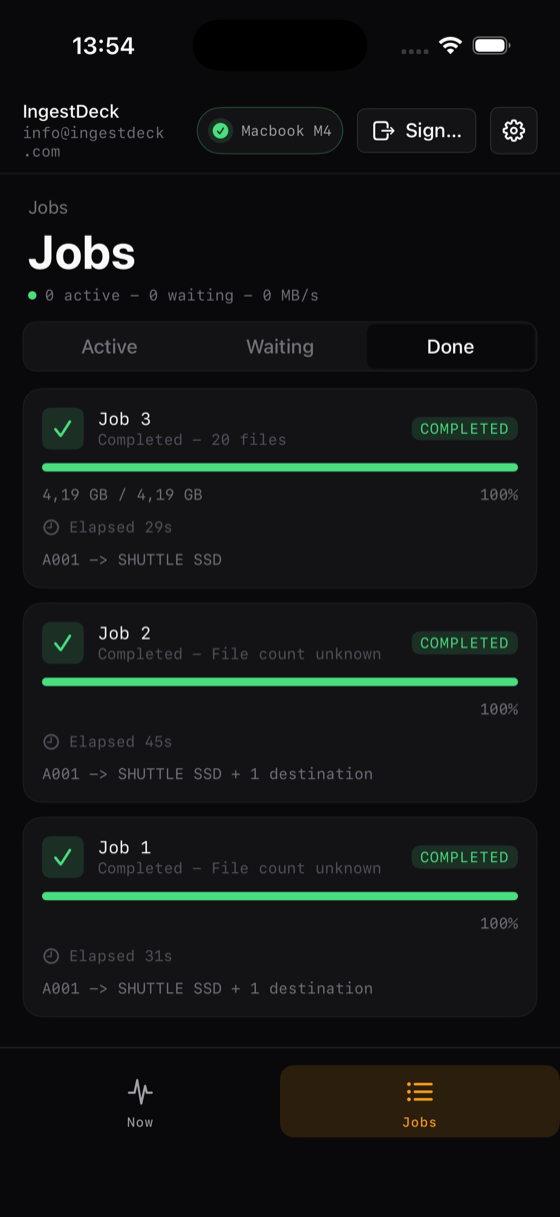 IngestDeck iOS monitor — per-file byte progress inside a job.