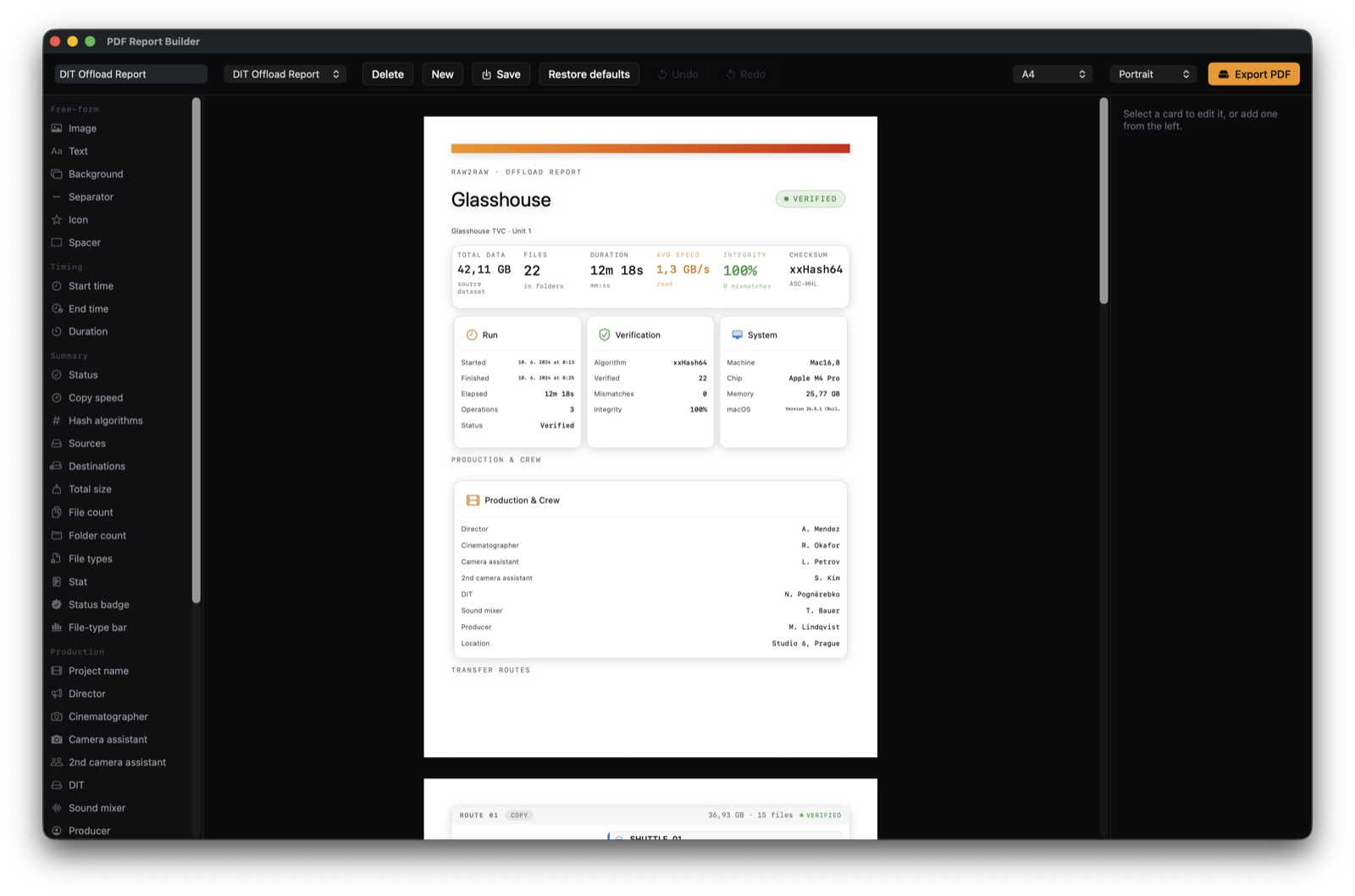 The PDF report builder — card palette on the left, the DIT Offload Report template on the page editor, inspector on the right.