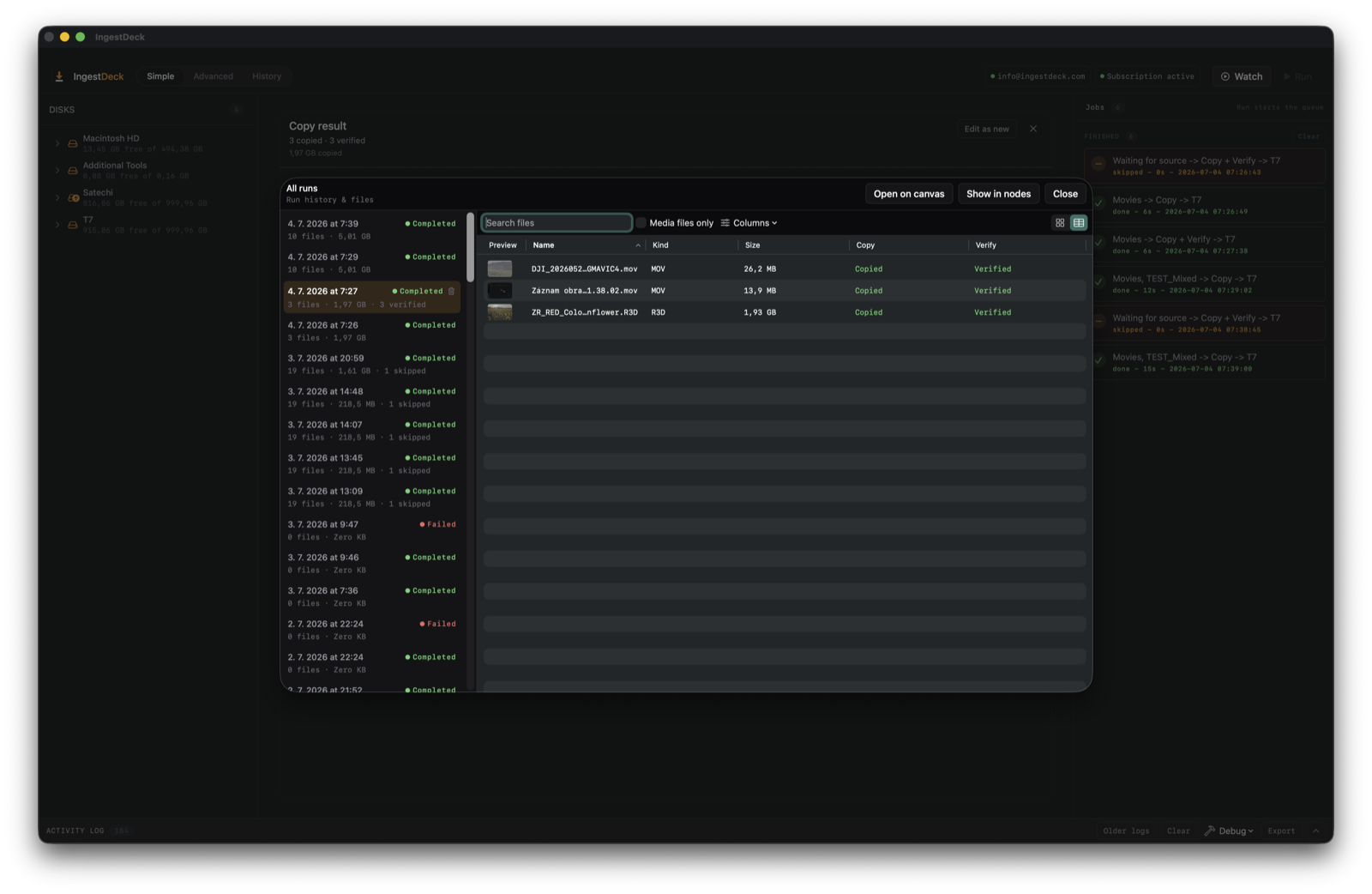 The History browser — the run list on the left, and the selected verified run's file table with previews, kind, size, and green Copied and Verified columns.