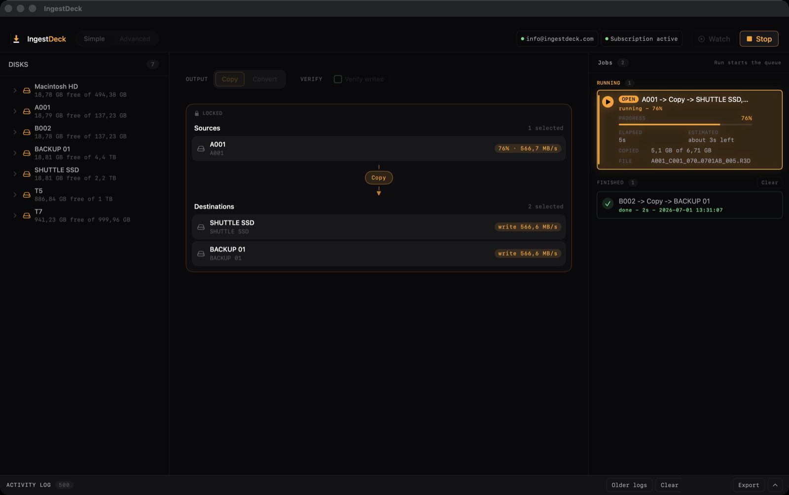 IngestDeck Simple mode — the Jobs queue showing a running card copy, a completed copy and a job watching for its card.