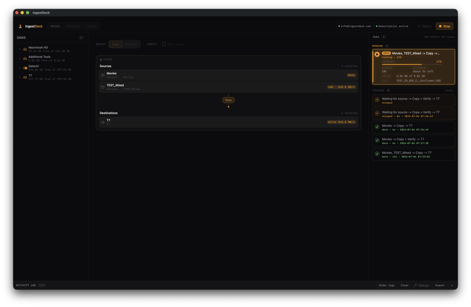 A multi-source copy mid-run — one source done, the second at 58% with live read speed, the destination write rate, and the running job card with progress, ETA and current file.