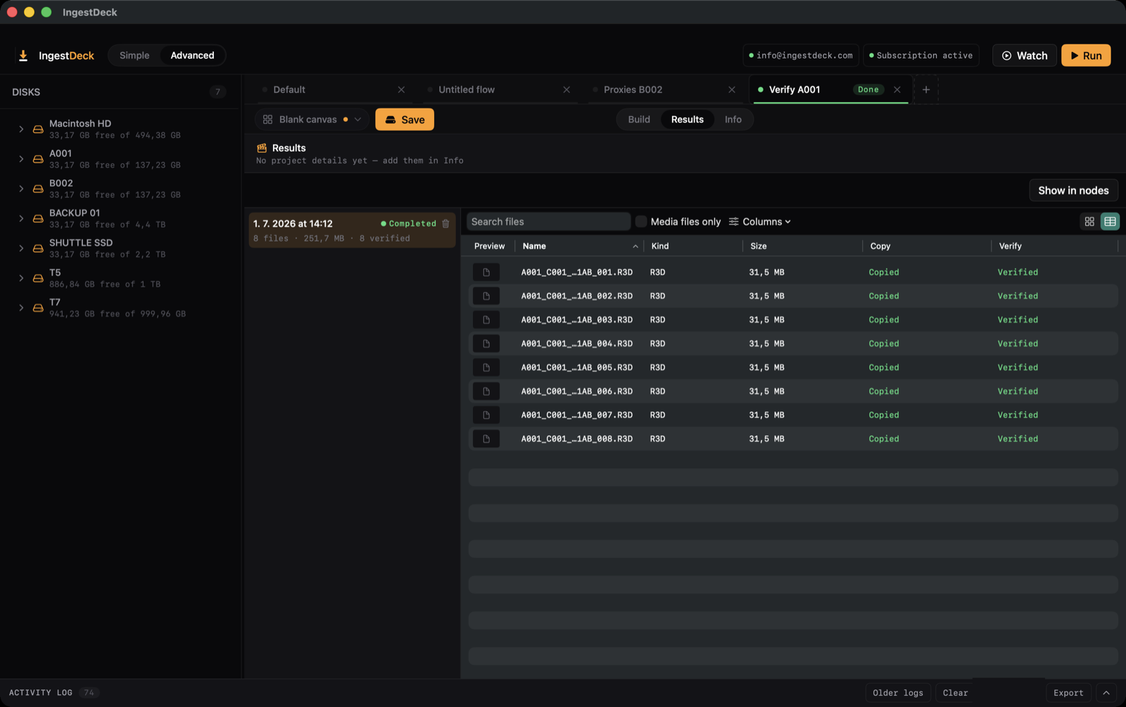 IngestDeck Verify — per-file hash matches with a safe-to-wipe summary and the generated ASC-MHL manifest.