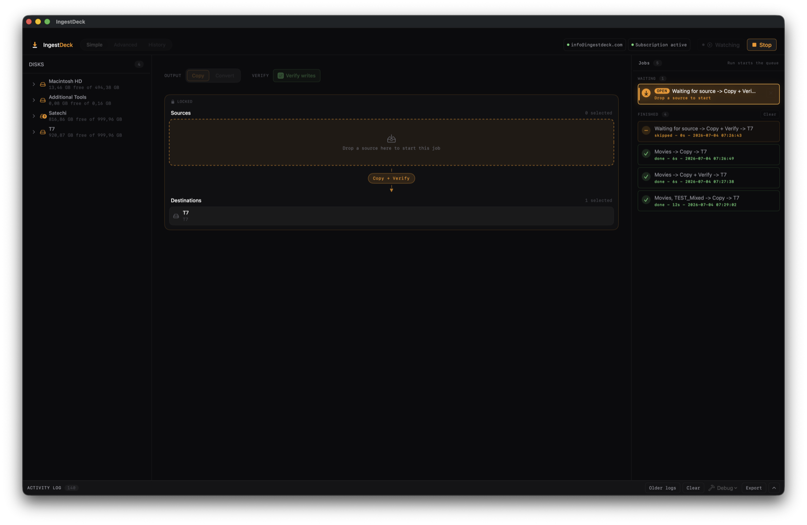 IngestDeck watching — the armed station: a dashed feed slot waiting for a card, the Copy + Verify pipeline, and the waiting job in the queue.